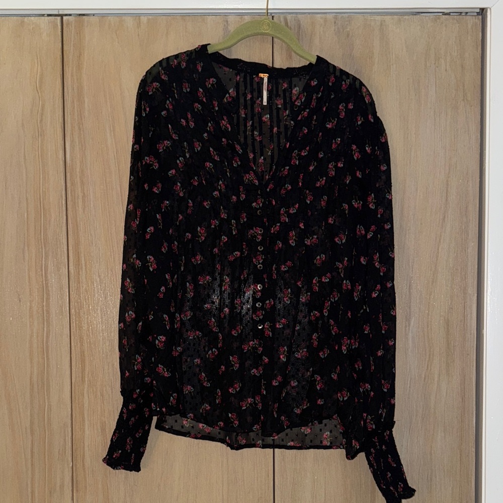 Free People Floral Black Blouse